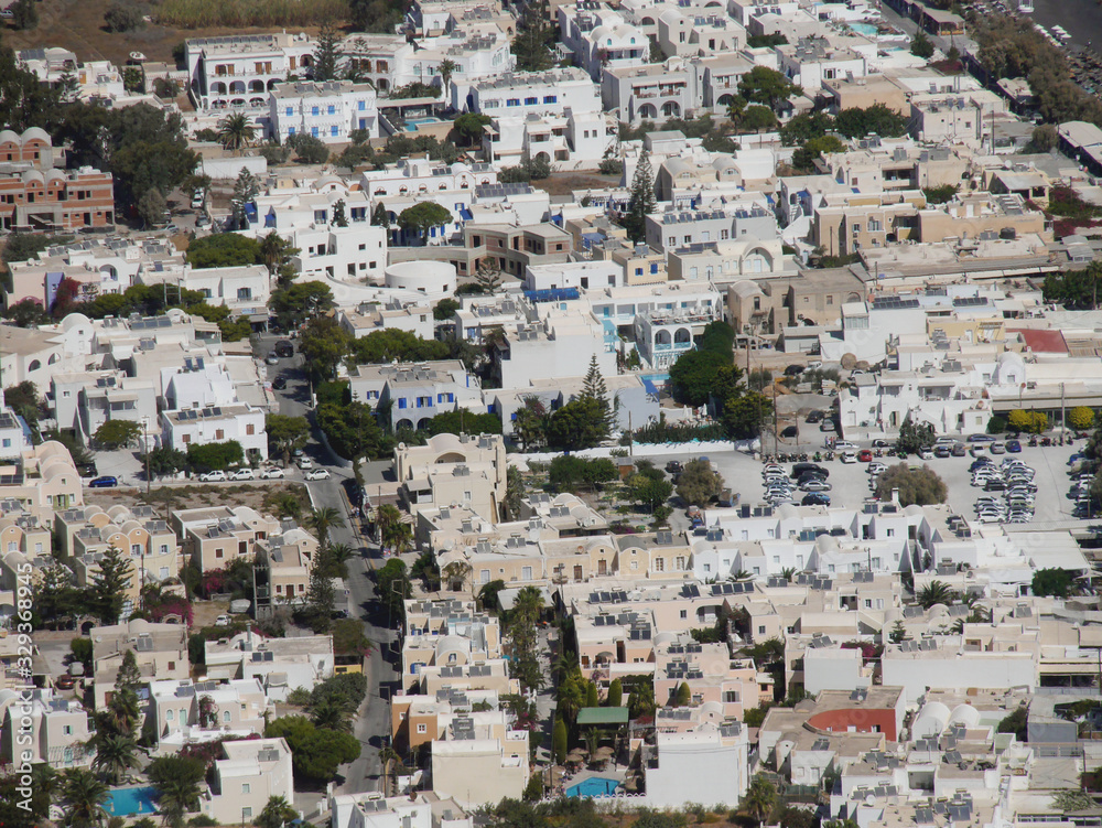 Kamari village, aerial view from Mesa Vouno mountain on Santorini island, Greece