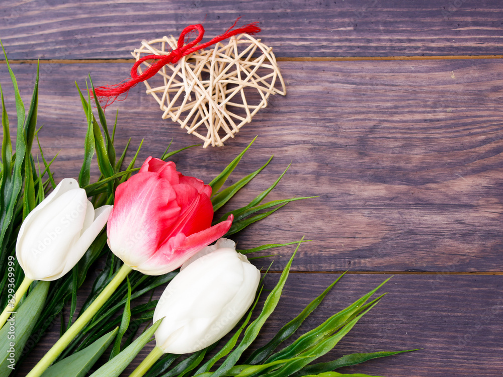 Multi-colored tulips on a dark wooden substrate. Greeting card for Mother's Day, March 8, birthday. Wallpaper, screen saver or background Multi-colored tulips on a dark wooden substrate. Greeting card for Mother's Day, March 8, birthday. Wallpaper, screen saver or background