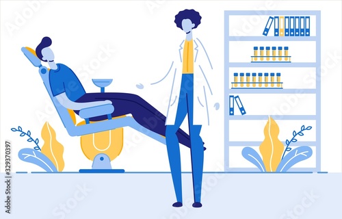 Dentist Doctor Appointment Vector Illustration. Professional Stomatologist Helping Patient in Dental Chair Cartoon Characters. Medical Checkup and Consultation Service. Oral Cavity Examination
