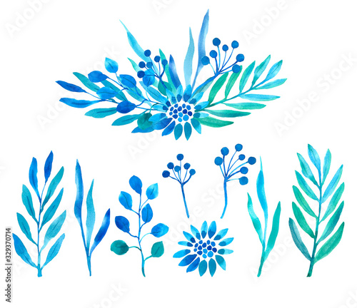 Composition of flowers and twigs. Watercolor blue flower arrangement and its elements isolated on a white background