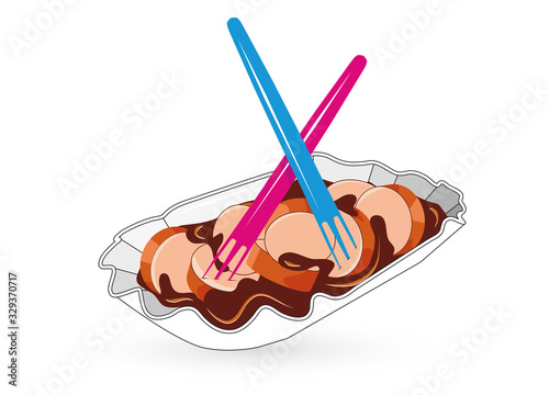Currywurst in der Pappschale mit zwei Gabeln