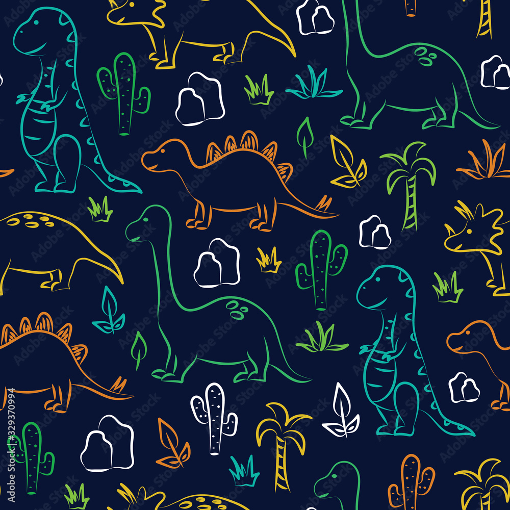 Cute dinosaur print on navy background. Seamless pattern Vector. Tyrannosaurus, brontosaurus, stegosaurus, triceratops, palm tree and cactus.