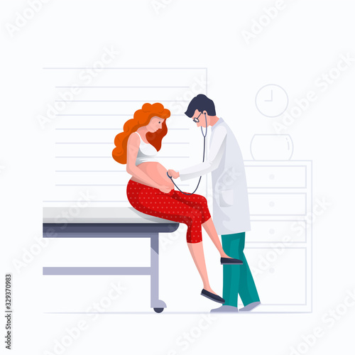 Gynecologist doctor with stethoscope listening to pregnant woman