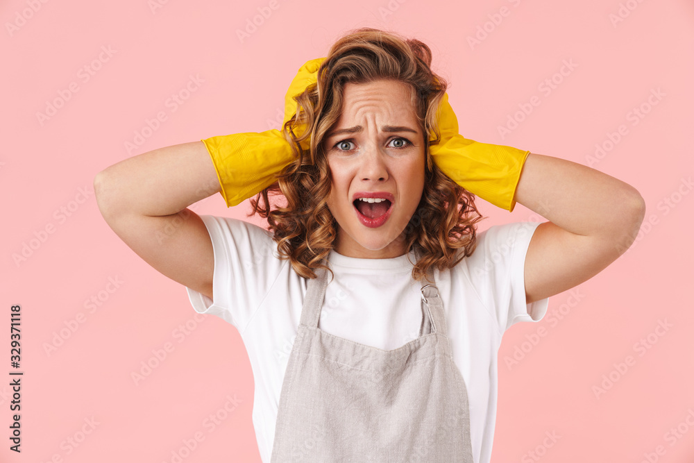 Shocked screaming woman housewife Shocked screaming woman housewife