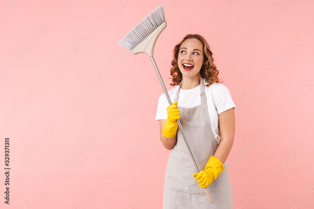 Woman housewife holding broom. Woman housewife holding broom.