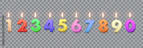 Different color birthday candles with burning flames isolated on transparent background. Vector design elements.