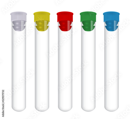 Medical empty tube flask set isolated on white background. Professional biochemistry research, hospital diagnostic laboratory equipment. Medicine healthcare. Vector illustration.