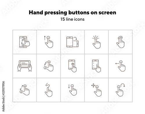 Hand pressing buttons on screen icons. Set of line icons. Hand holding mobile, hands with tablet. Touchscreen concept. Vector illustration can be used for topics like modern technologies, internet