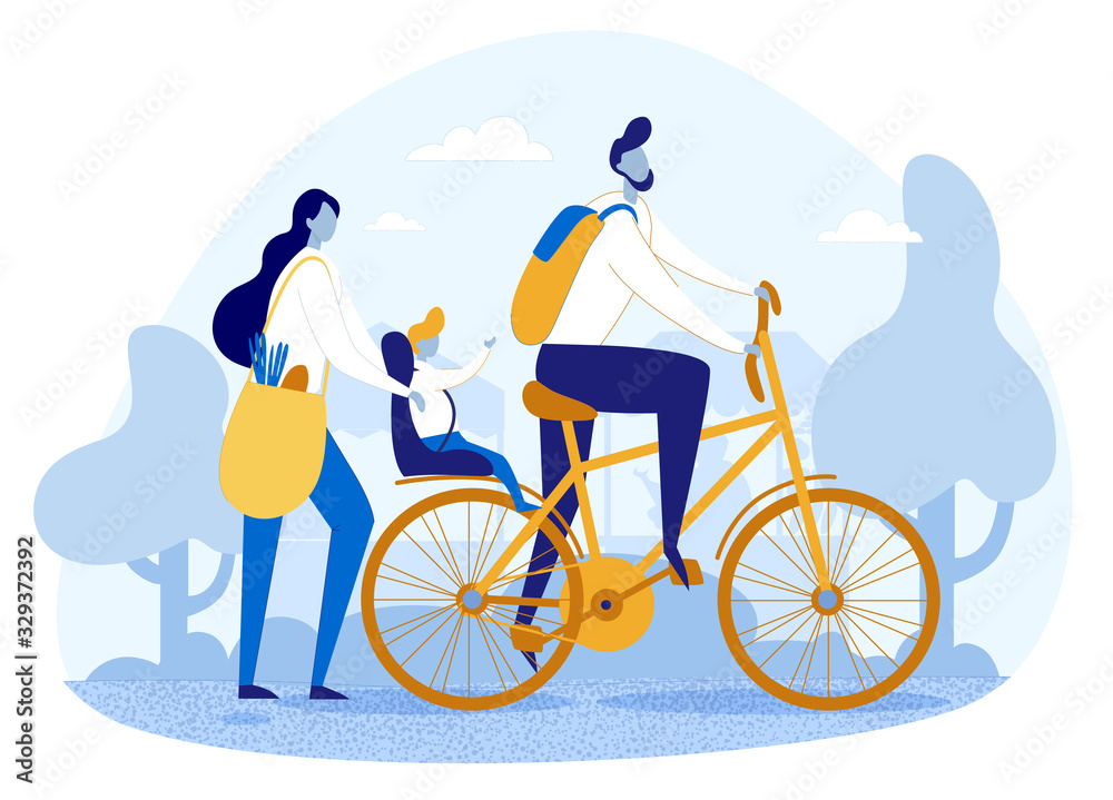 Cartoon Happy Family Members Spend Time Together. Father Riding Bicycle  Carrying Son Child on Back Seat. Mother Going after Holding Bag with Food.  Picnic on Nature. Vector Flat Illustration Stock Vector
