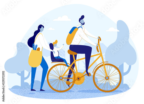 Cartoon Happy Family Members Spend Time Together. Father Riding Bicycle Carrying Son Child on Back Seat. Mother Going after Holding Bag with Food. Picnic on Nature. Vector Flat Illustration