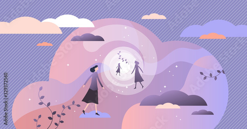 Near death experience concept, flat tiny person vector illustration
