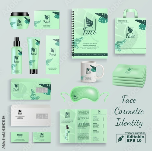 Face Cosmetic Identity Editable Vector Set. Beauty Product Container Kit. Cream Jar Tube Bottle Cup Mug Bag with Company Logotype Design. Natural Organic Cosmetics Packaging Branding