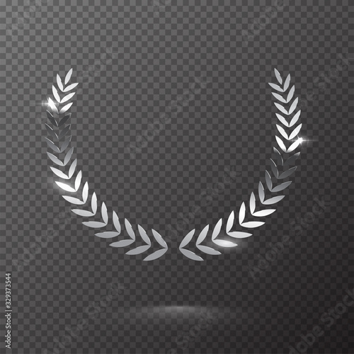 Silver shiny laurel wreath isolated on transparent background. Vector design element.