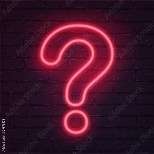 Neon red question mark on dark brick wall. Cinema, show, theatre, circus, casino design. Intellectual signs. Laser diode lamp. Night party pointer. Creative vector illustration.
