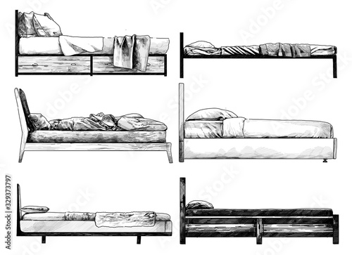 set of beds side view in loft style, sketch vector monochrome graphics isolated on white background