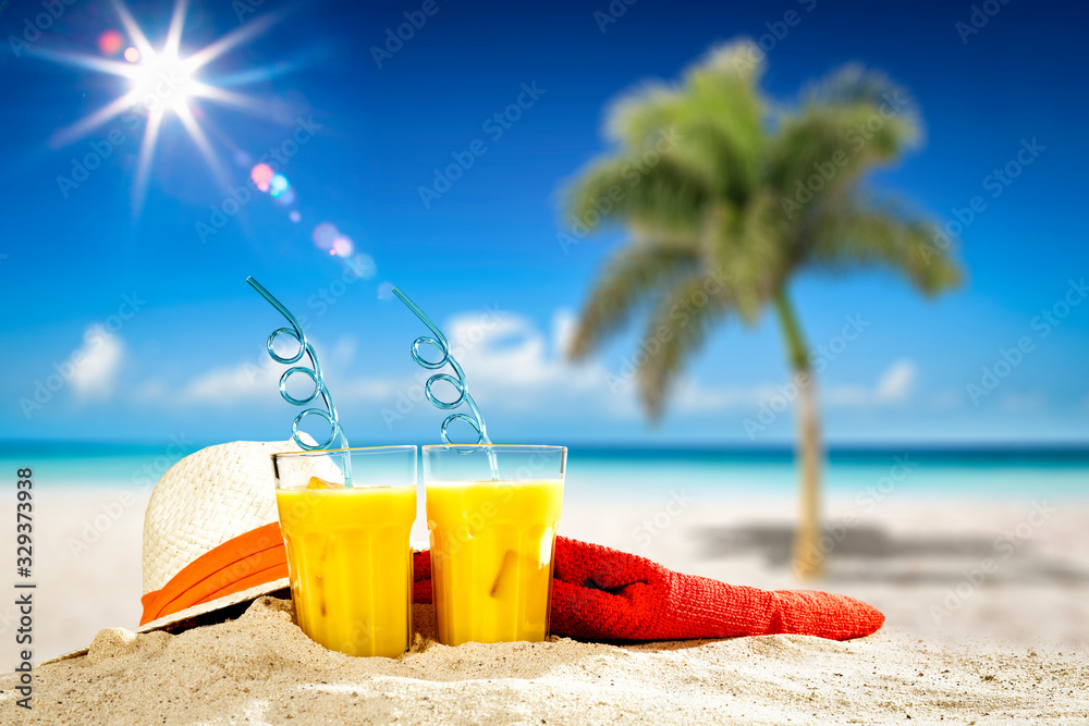 Summer drink on beach and free space for your decoration. Summer drink on beach and free space for your decoration.