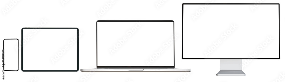 Modern trendy devices blank screen.Set of computer laptop tablet and smartphone mpty screen. Mock up for present advertising product or Webpage design easy replace you design ,3D illustration Modern trendy devices blank screen.Set of computer laptop tablet and smartphone mpty screen. Mock up for present advertising product or Webpage design easy replace you design ,3D illustration