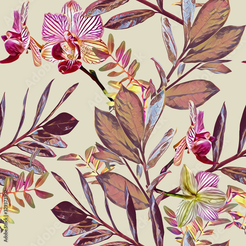 Tropical plants seamless pattern. Watercolor illustration. Artistic background.