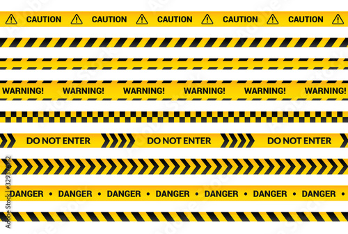 Caution tape set, yellow warning strips, danger symbol, arrows, yellow lines with black text and triangle sign. Flat banner isolated collection with attention message, vector illustration.