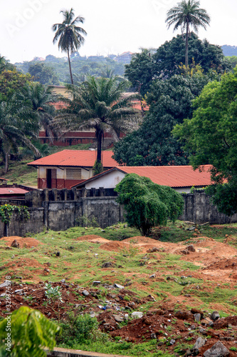 Run-down houses near the beach in Conakry, Guinea, West Africa