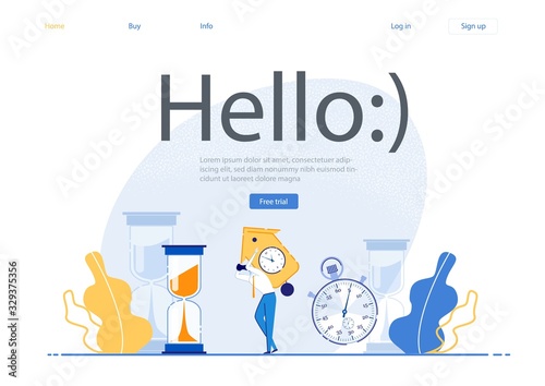 Prompt Banner Inscription Hello, Heaviness Time. Successful Resolution Ongoing Current Issues at Work. An Office Employee Carries Large, heavy Wall Clock Back Amid an Hourglass and Stopwatch.