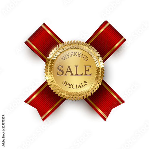 Shiny golden round medallion with red seal ribbon. Sale, discount promotion. Advertising template. Guaranteed sign isolated on white. Seller stamp. Vector illustration