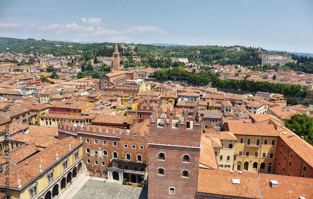 Cityscape of Verona city from Lamberti Tower, Italy.
