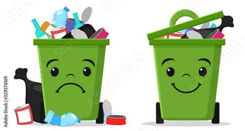 Two emotions garbage cans, littered with garbage and folded on a white.