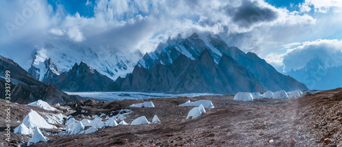 Panoramic view of Baltoro (front), Yermamendu Glacier (foothill) and ice pinnacles from Goro II with Urdukas Peak and Masherbrum behind the cloud in background, Pakistan photo