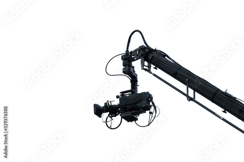 TV camera on a crane, isolated in white. On football match or concert