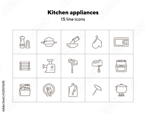 Kitchen appliances icons. Set of line icons. Mincing machine, mixer, rolling pin. Culinary concept. Vector illustration can be used for topics like restaurant business, cooking