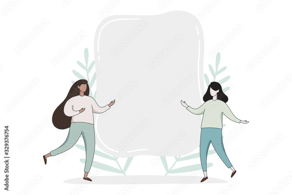 Blank frame sign, text background template design with two womens flat illustration. advertisement, promotion, poster, information template Blank frame sign, text background template design with two womens flat illustration. advertisement, promotion, poster, information template