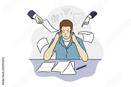 Office worker stress, headache, disappointment or shame by a lot of work. Vector design illustration of employee character with a frustration emotional