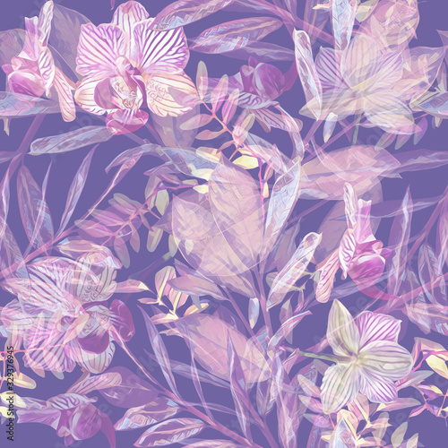 Tropical plants seamless pattern. Watercolor illustration. Artistic background.