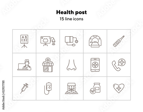 Health post icons. Set of line icons. Online doctor app, tomography, tonometer. Health checkup concept. Vector illustration can be used for topics like medicine, healthcare, medical service