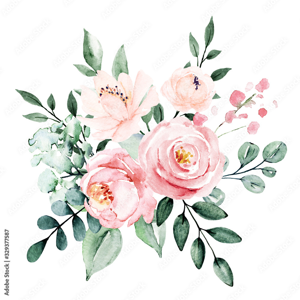Flowers watercolor, floral blossom clip art. Bouquet pink and burgundy roses perfectly for printing design on invitations, cards, wall art and other. Isolated on white background. Hand painting. 