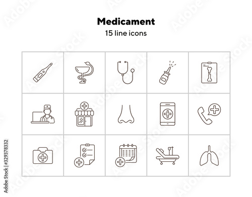 Medicament icons. Set of line icons. Drugstore, ambulance call, medical calendar. Medical treatment concept. Vector illustration can be used for topics like medicine, healthcare, medical service