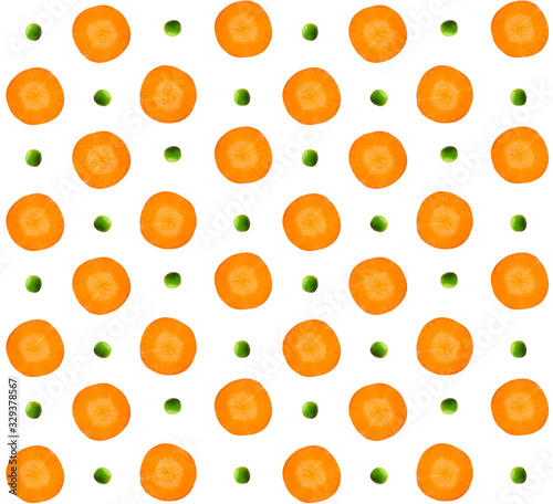 Sliced ​​carrots and green peas seamless pattern. Healthy eating Organic raw vegan healthy food.