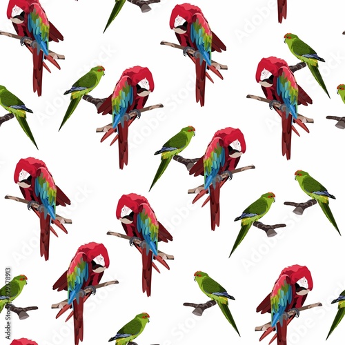 Red parrot seamless pattern on a white background for wallpaper, wrapping, packing, and backdrop. 