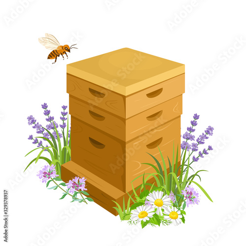 Wooden beehive and flying bee in  flowering meadow. Vector illustration of house for bees in green grass and wild flowers. Cartoon flat style. Beekeeping, apiculture.