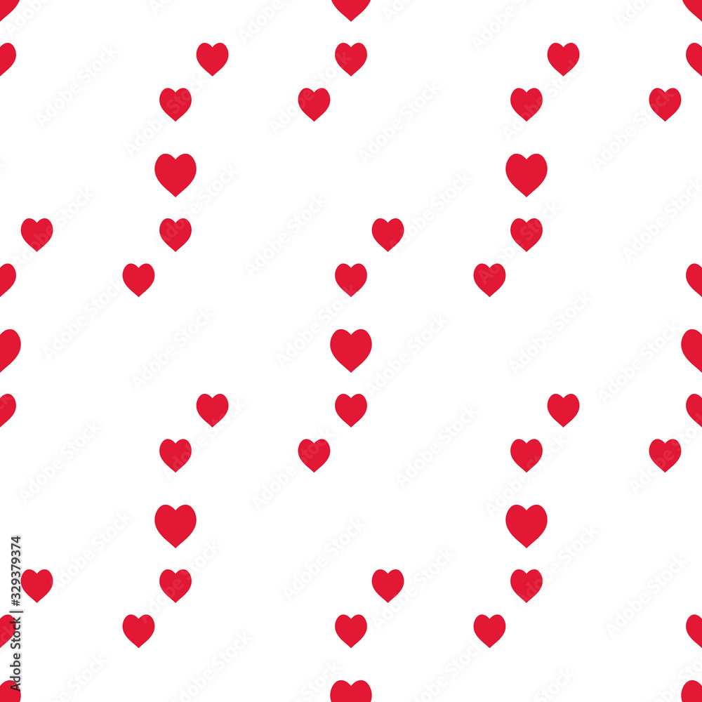 Seamless pattern with cute funny red hearts on white background. Vector image.