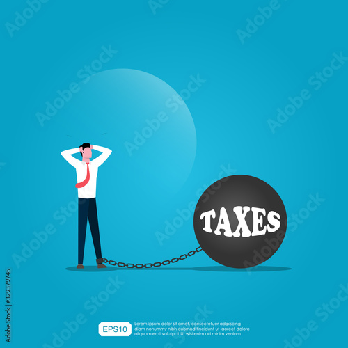 Businessman got ankle chained by taxes ball concept. Man character fells frustrated because of high taxes. Metaphor vector illustration