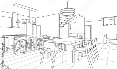 interior kitchen living room 3d illustration
