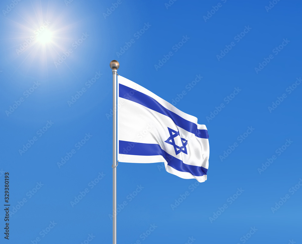 Fototapeta premium 3D illustration. Colored waving flag of Israel on sunny blue sky background.