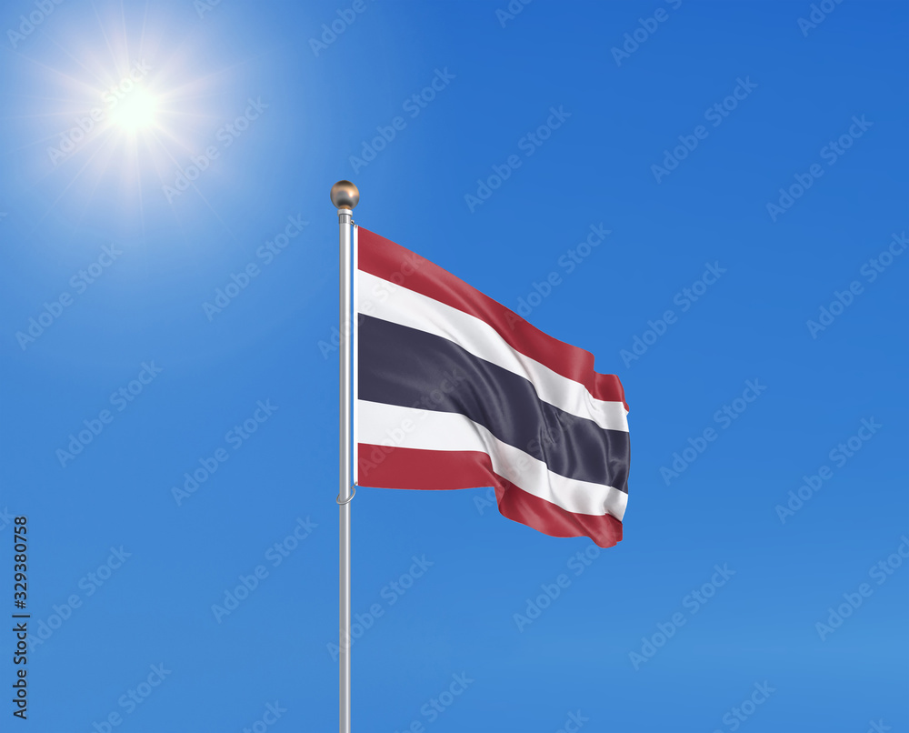 3D illustration. Colored waving flag of Thailand on sunny blue sky background.