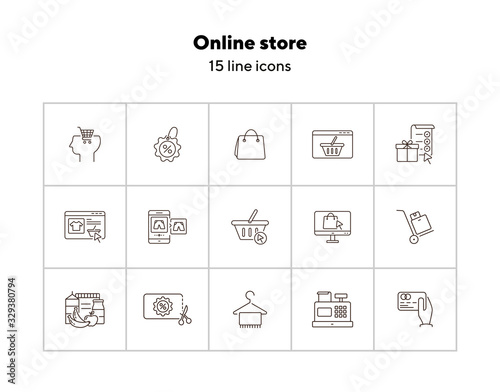 Online store line icon set. Gift, discount, shopping bag, food, clothes. Ecommerce concept. Can be used for topics like internet shopping, buying, commerce