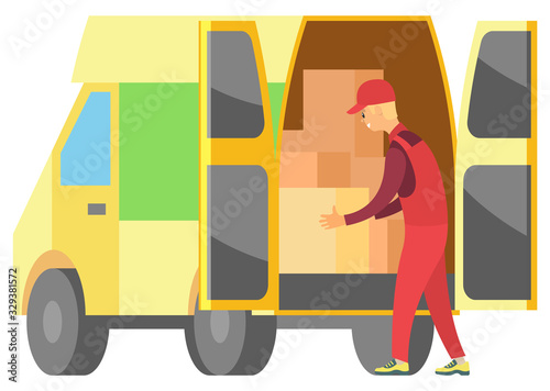 Man in uniform hold carton box. Loader bring things from commercial vehicle to carry. Guy help people in moving to new house vector illustration
