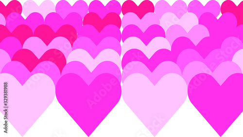 Romance background consisting of a series of hearts arranged on a white background and colored with various shades of pink. Vector background in 4k resolution