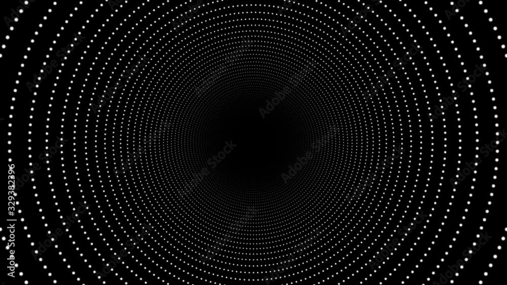 Abstract Concentric Circles Tunnel Background Loop/ 4k animation of an abstract radial tunnel with concentric circles made of dots zooming in and seamless looping