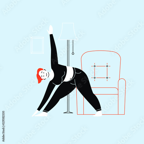 Flat illustration of a person practicing yoga at home